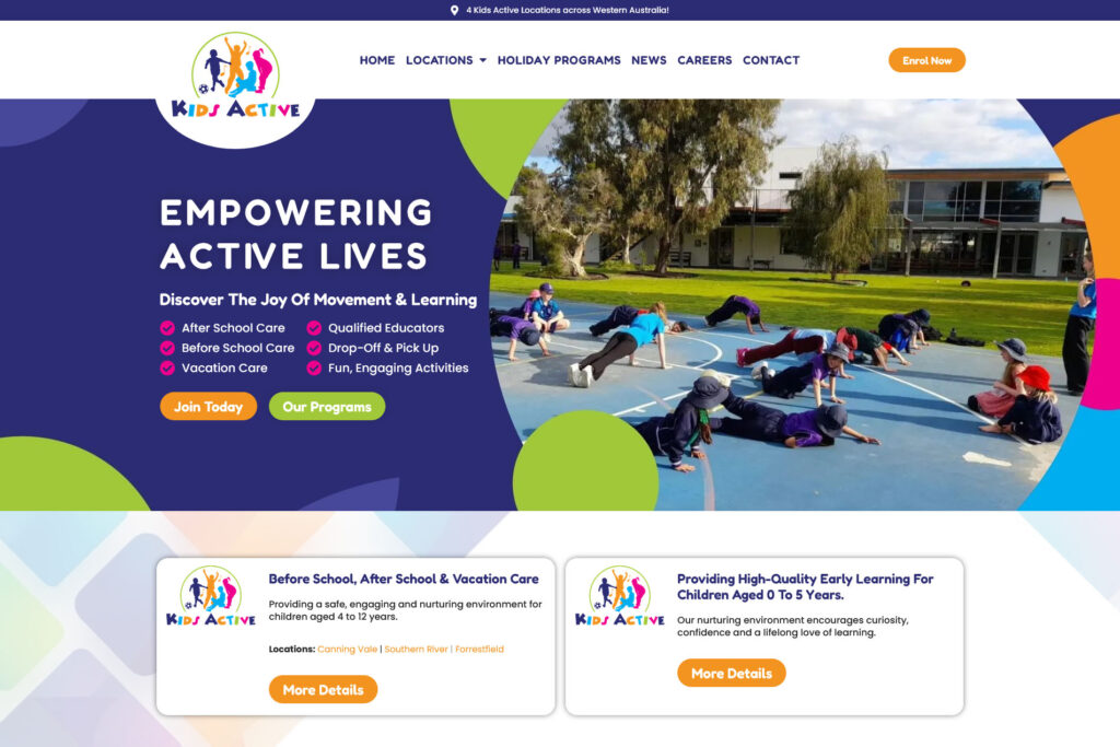 Before and after school care website design Perth